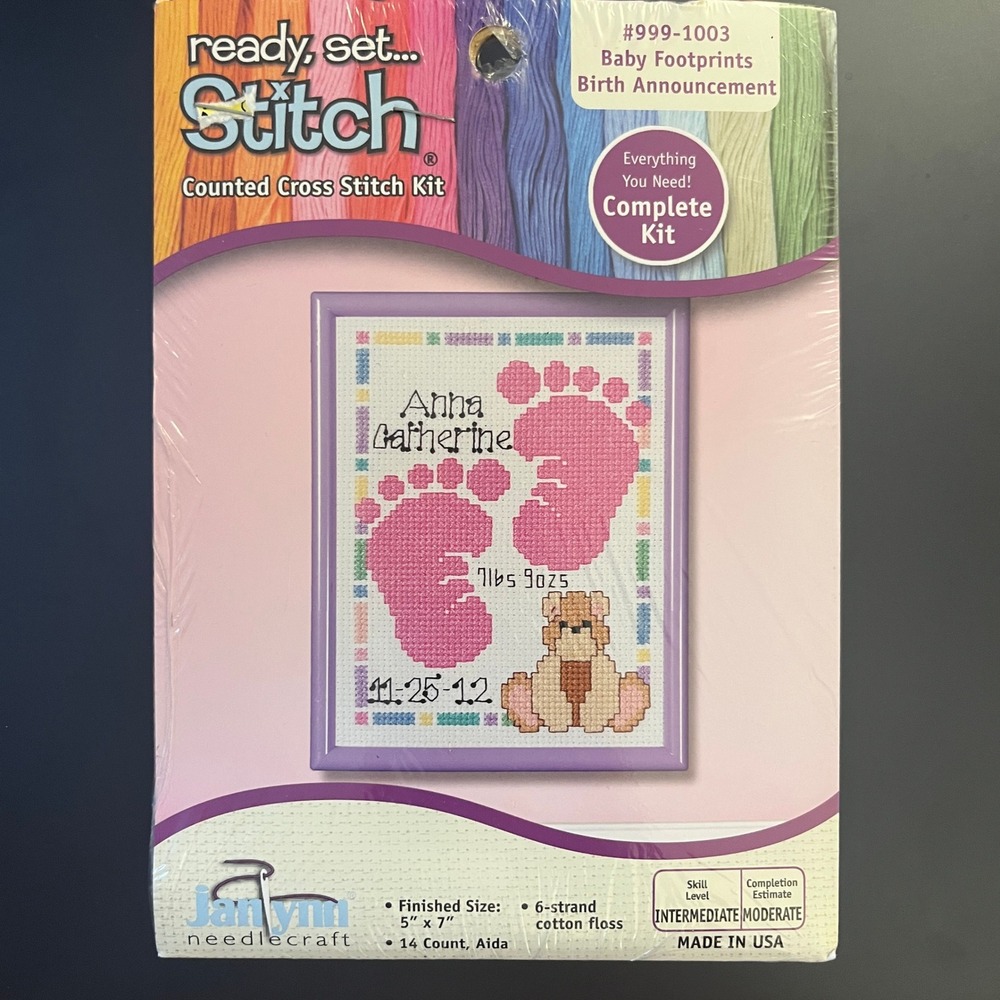 Janlynn Baby Footprints Birth Announcement Counted Cross Stitch Kit 999-1003 New